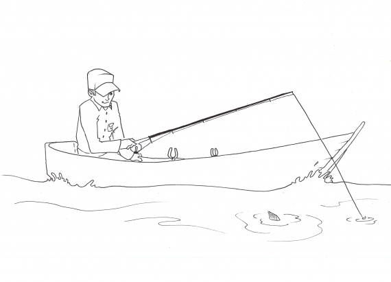 Tegning av en gutt som sitter i en jolle å fisker med en fiskestang.