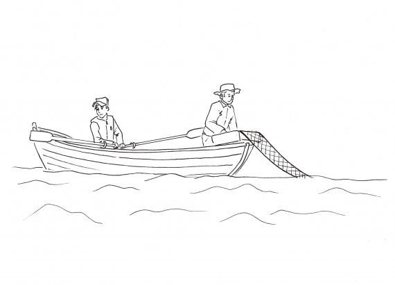 Tegning av to personer i en båt, de setter ut garn.
