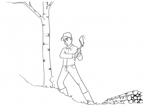 Tegning av en gutt som hugger trær.
