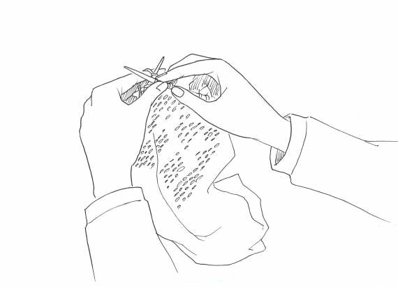 Tegning av to hender som strikker.