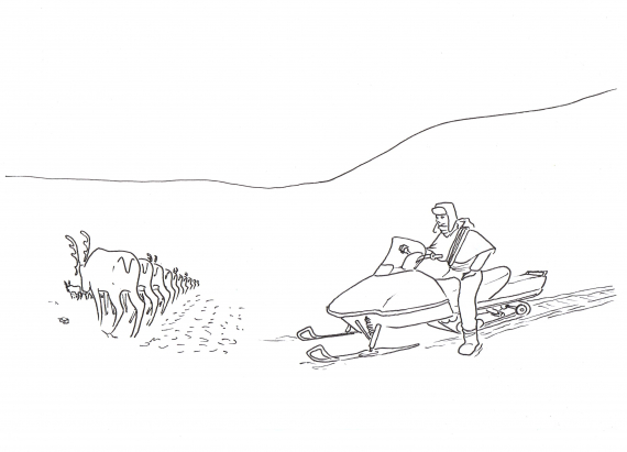 Tegning av en gutt som sitter på en snøskuter mens han kjører flokken.
