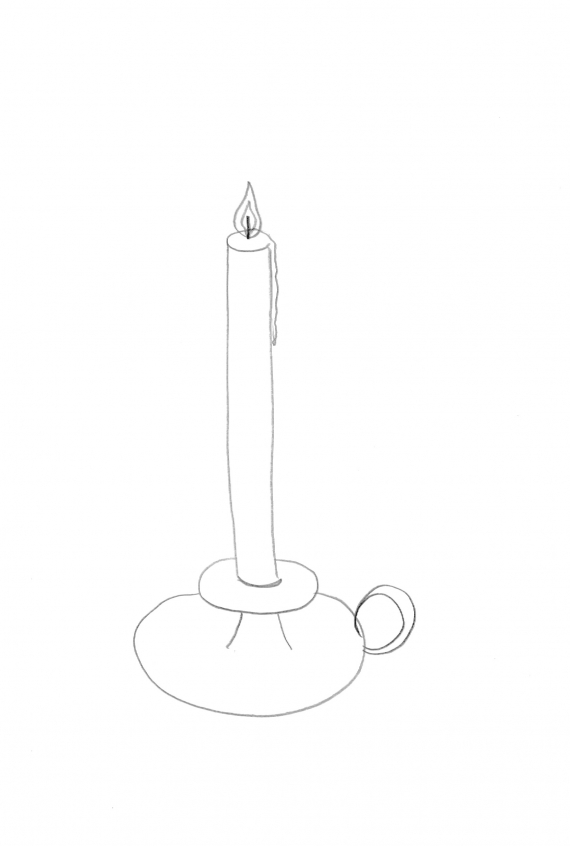 Tegning av et stearinlys i en lysestake.