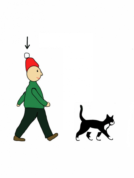Tegning av en gutt som går bak en katt.