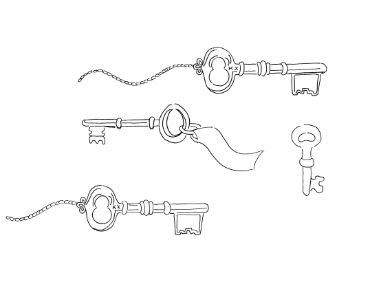 Tegnet bilde av fire gamle nøkler som var veldig ofte brukt til uthuser, naust osv.  