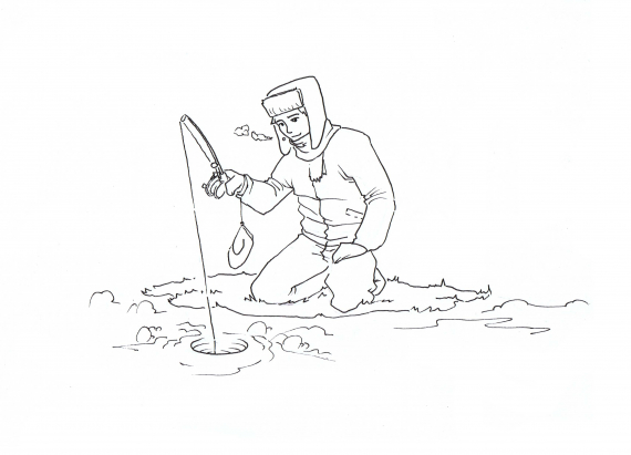 Tegning av en gutt som isfisker.