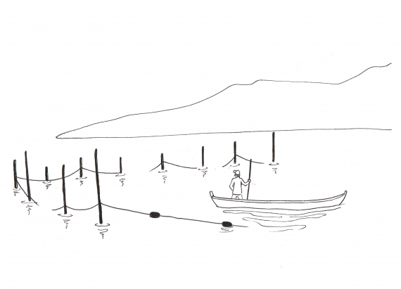 Tegning av stengsel og en som står i båten med en čuoibmi.
