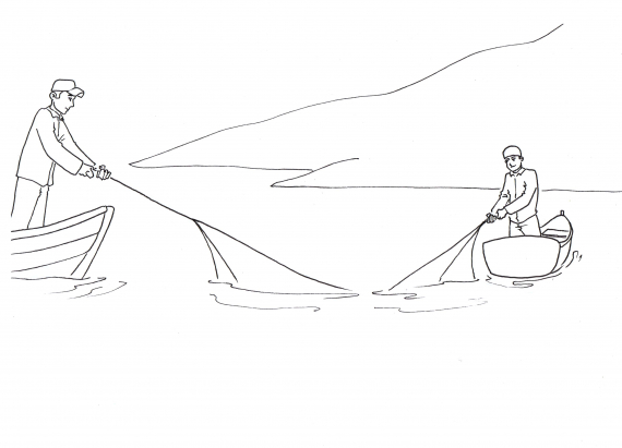 Tegning av drivgarnsfiske, to båter med garn mellom seg.