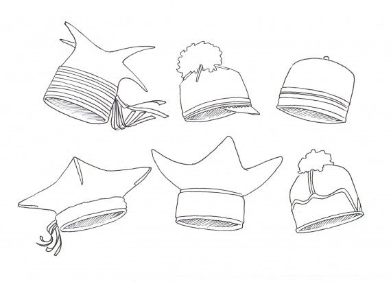 Tegning av seks ulike samiske herre hodeplagg.