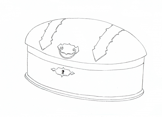 Tegning av et samisk kiste meint for å oppbevare koftesølv, silkesjaler og andre pyntegjenstander.