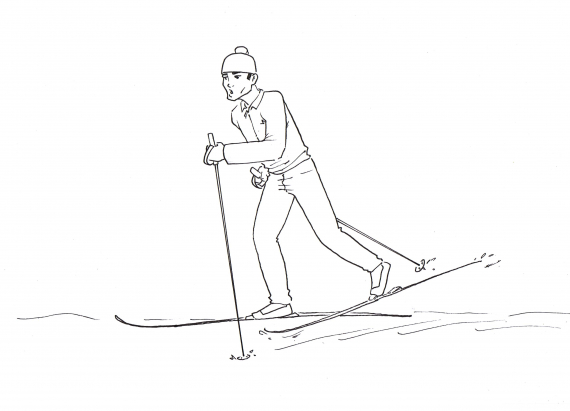Tegning av en gutt som går på ski.