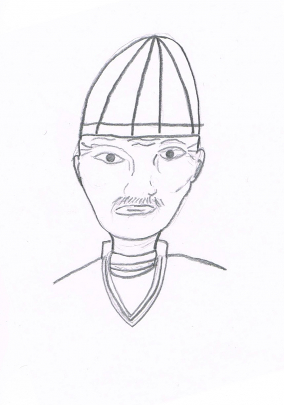 Tegning av en mann som har sørsamisk kofte på seg.
