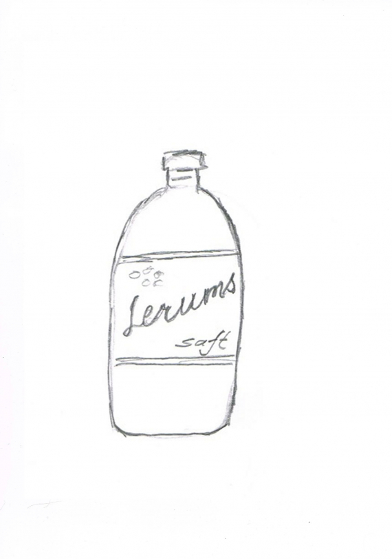 Tegning av en flaske med saft.