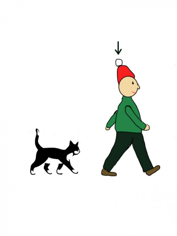 Tegning av en gutt og en katt, de går etter hverandre.