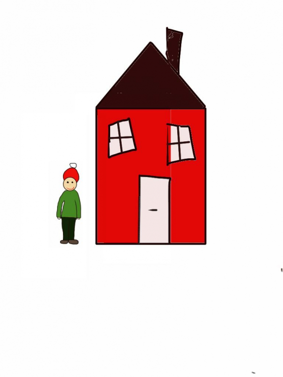 Tegnet bilde av en gutt som står ved siden av et hus.