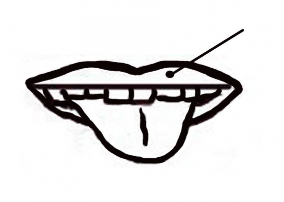 Tegning av munn med fokus på leppen.