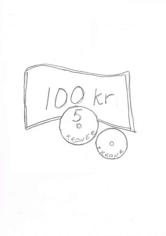 Tegning av penger, både sedler og mynter.