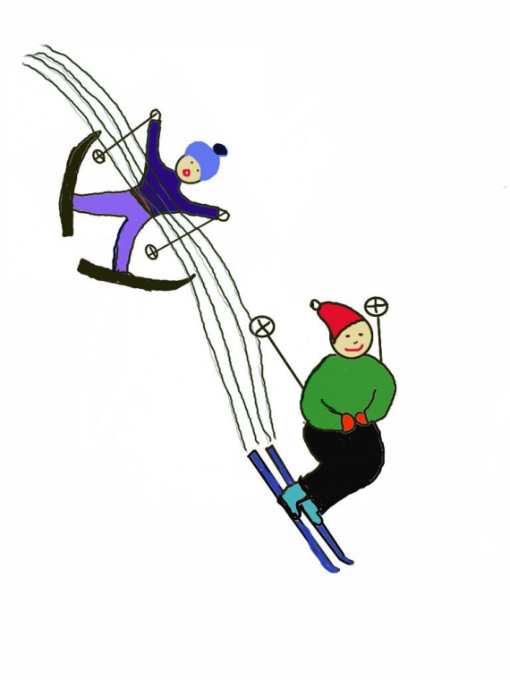 Tegning av et barn som ligger tvers over skiløypa