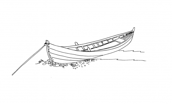 Tegnet bilde av trebåt fortøyd til land med tau.