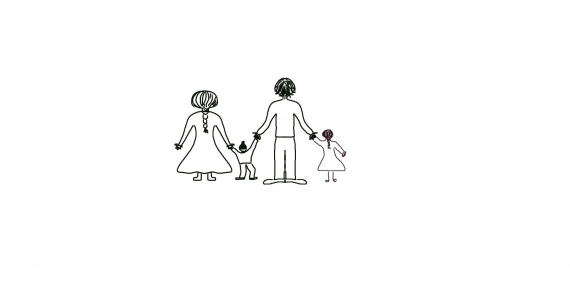 Tegning av en familie med mor, far og to barn.