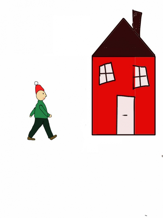 Tegnet bilde av en mann som går mot et hus.