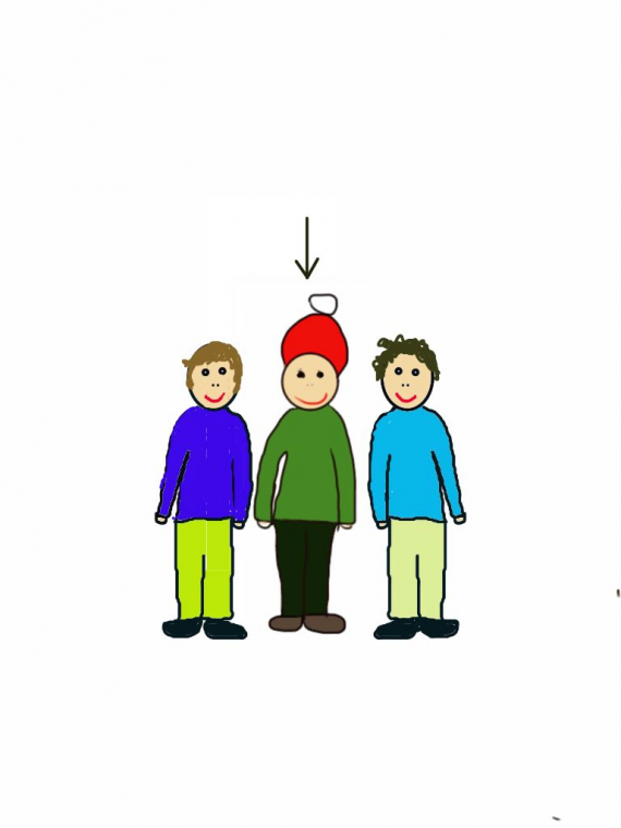 Tegnet bilde av tre gutter som står på rekke, han i midten er markert.