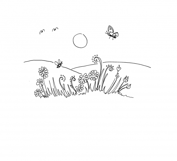 Tegnet bilde av blomster, eng, bier, fugler og sola.