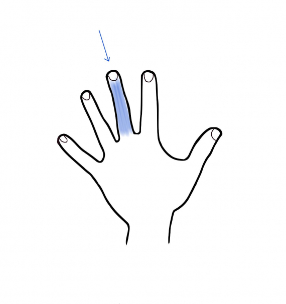 Tegning av en hånd med fokus på langfingeren.