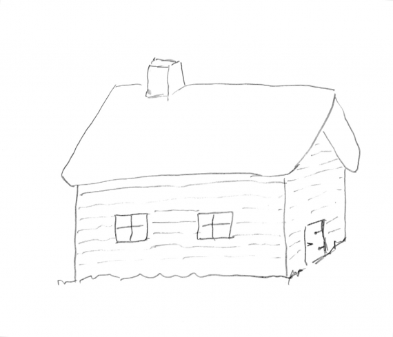 Tegning av en hytte.