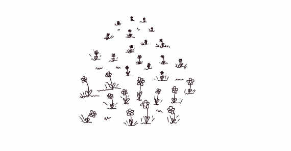 Tegning av en eng med blomster.