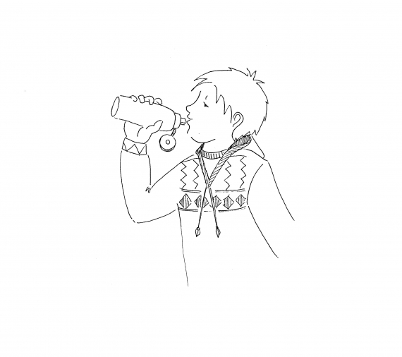 Tegnet bilde av en gutt som drikker fra en drikkeflaske.
