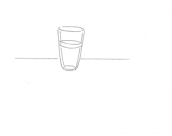 Tegnet bilde av et halvfullt vannglass.