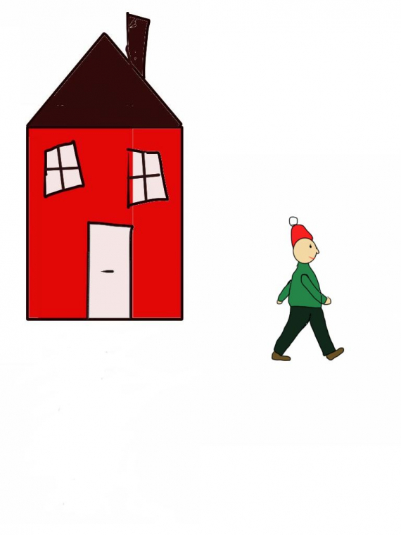 Tegning av en mann som går fra et hus.