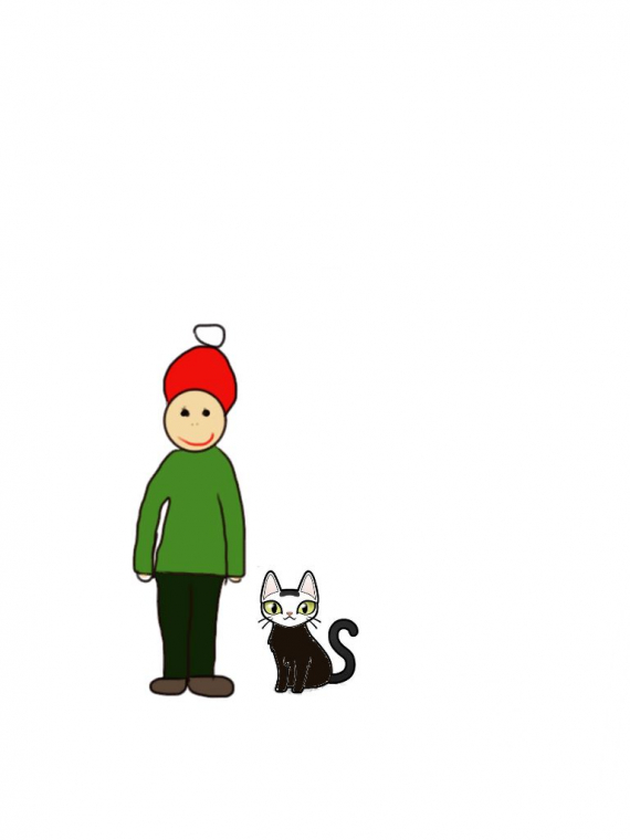Tegning av en gutt og en katt, de står ved siden av hverandre.