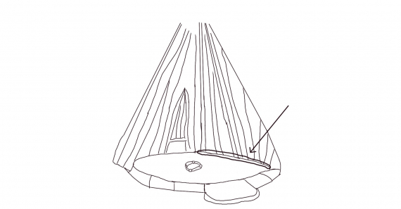 Tegning av en lavvo med fokus på plassen som er innerst ved teltduken. 