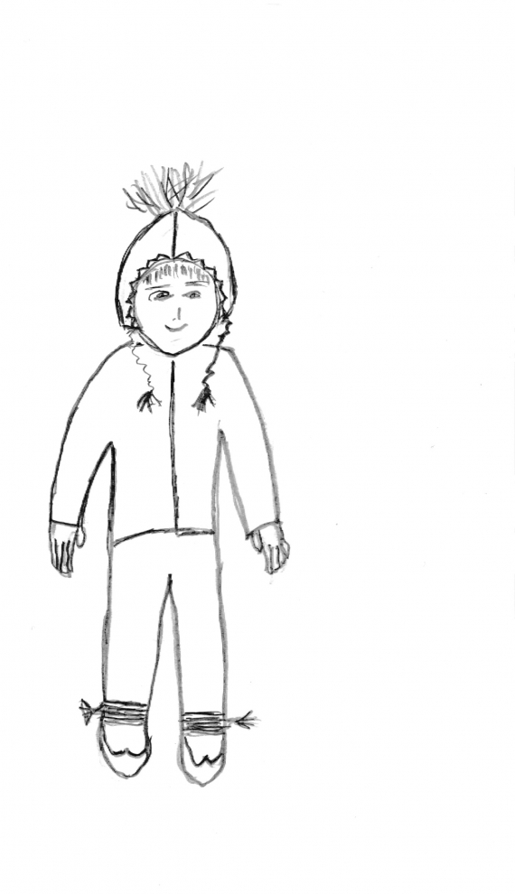 Tegning av et barn som har uteklær på seg.