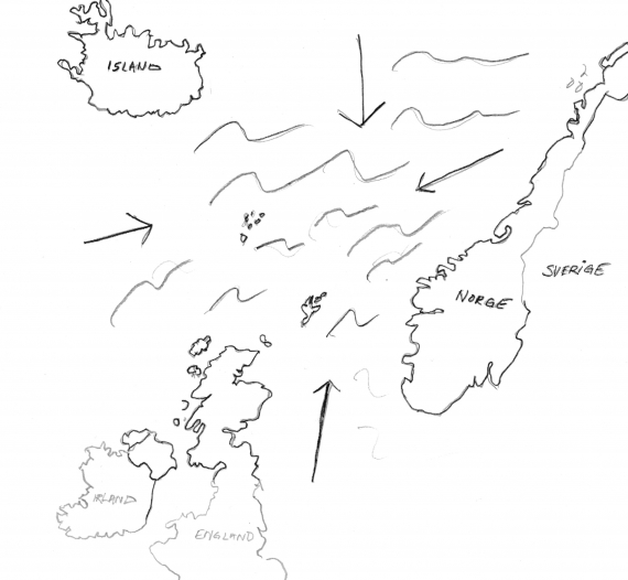 Tegning av havet mellom Norge, Island og Storbritannia.