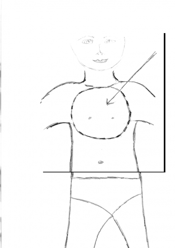Tegning av en person med fokus på brystet.