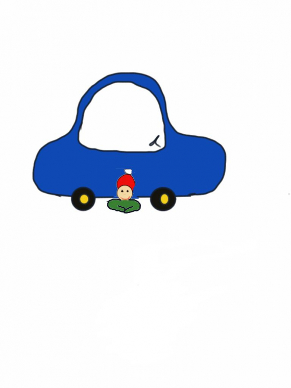 Tegnet bilde av en gutt som er under en en bil.