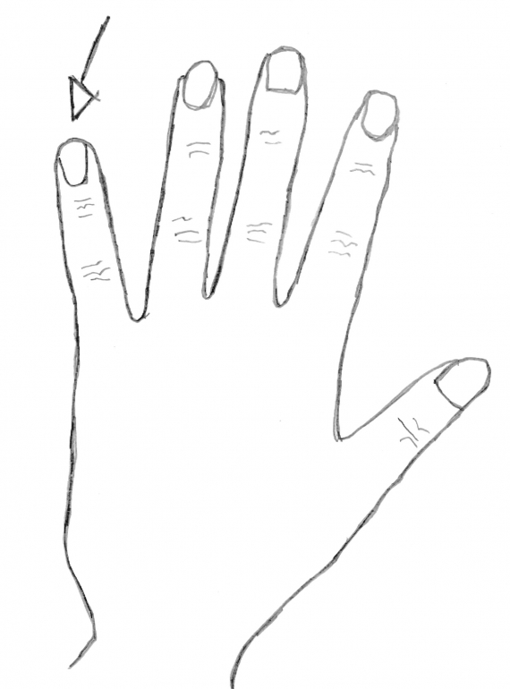 Tegning av en hånd med fokus på langfingeren.