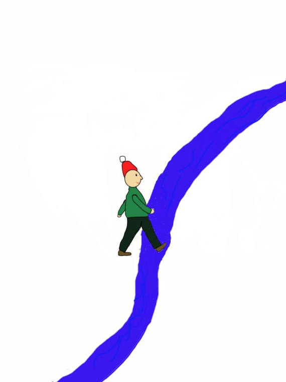 Tegning av en mann som går over en bekk.