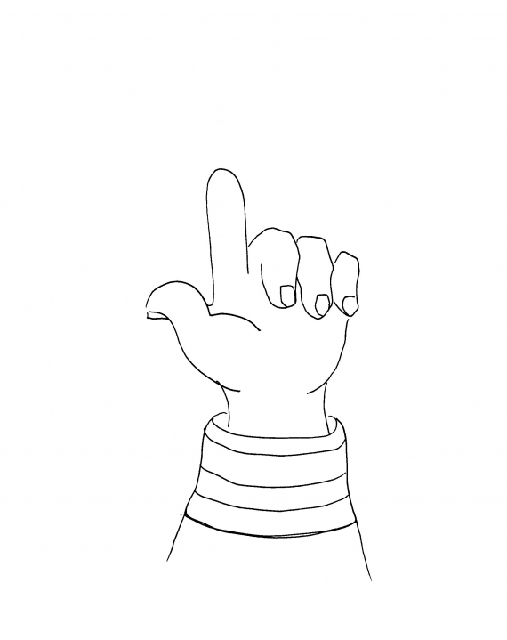 Tegnet bilde av en hånd med en finger opp i været.