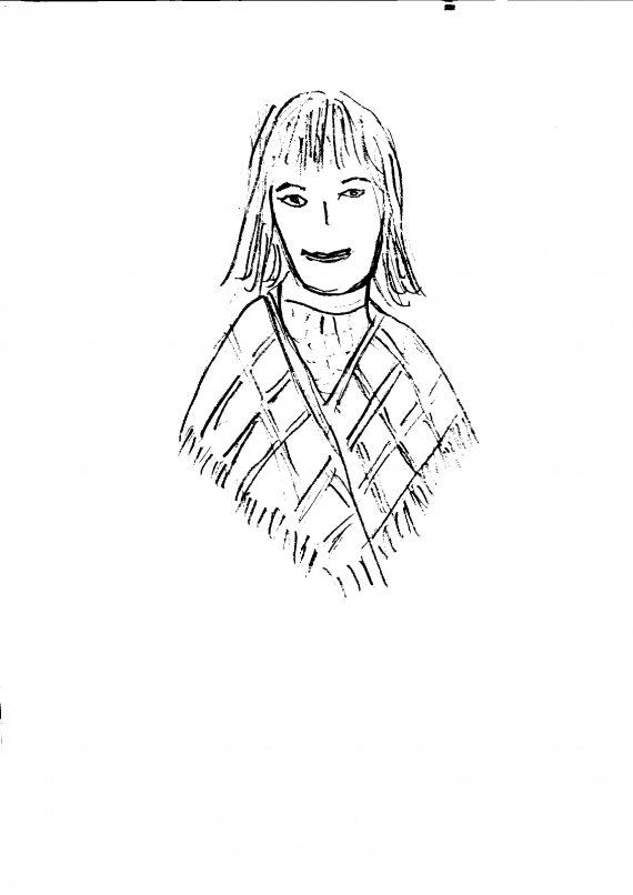 Tegning av en kvinne som har et ullsjal over skuldrene..