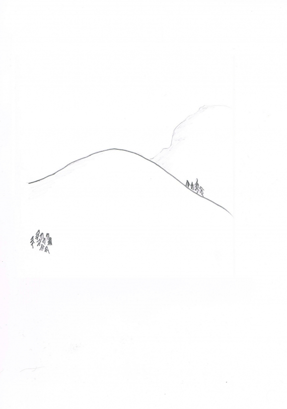 Tegning av et fjell med to treklynger.