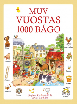 Bokomslag av boken Muv vuostas 1000 bágo, med bilde av bondegård, dyr og utsyr og tekst under hvert bilder.