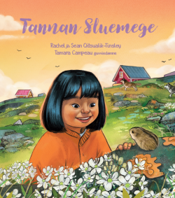 Omslag av boka Tannan Sluemege, med ilustrasjon av et barn som ser på  et lemen.