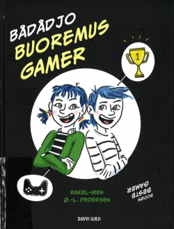Omslag av boka Bodøs beste gamer, med tegning av en gutt og en jente som vil vinne førstepremie.