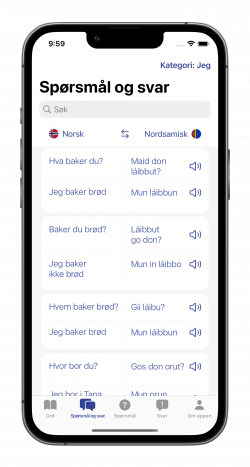 Bildet viser app med setninger på norsk og nordsamisk.