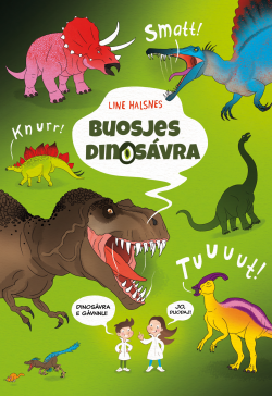 Omslag av boka Buosjes dinosaura med tegninger av forskjellige dinosaurer.