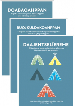 Bilde av tre samiske hefter om begrepslæring, med tegninger av ulike lavvoer.
