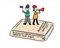 To barn med ropert og samisk flagg står på en stor sørsamisk ordbok.